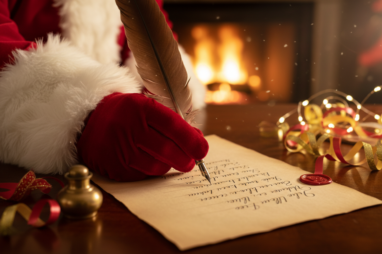 Santa's gloved hand holding a twill pen and paper on a desk.